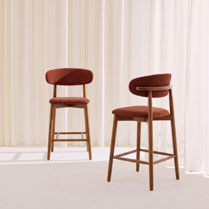 Tabouret de bar bois d'hévéa noyer et tissu chenille (lot de 2)  PAOLA