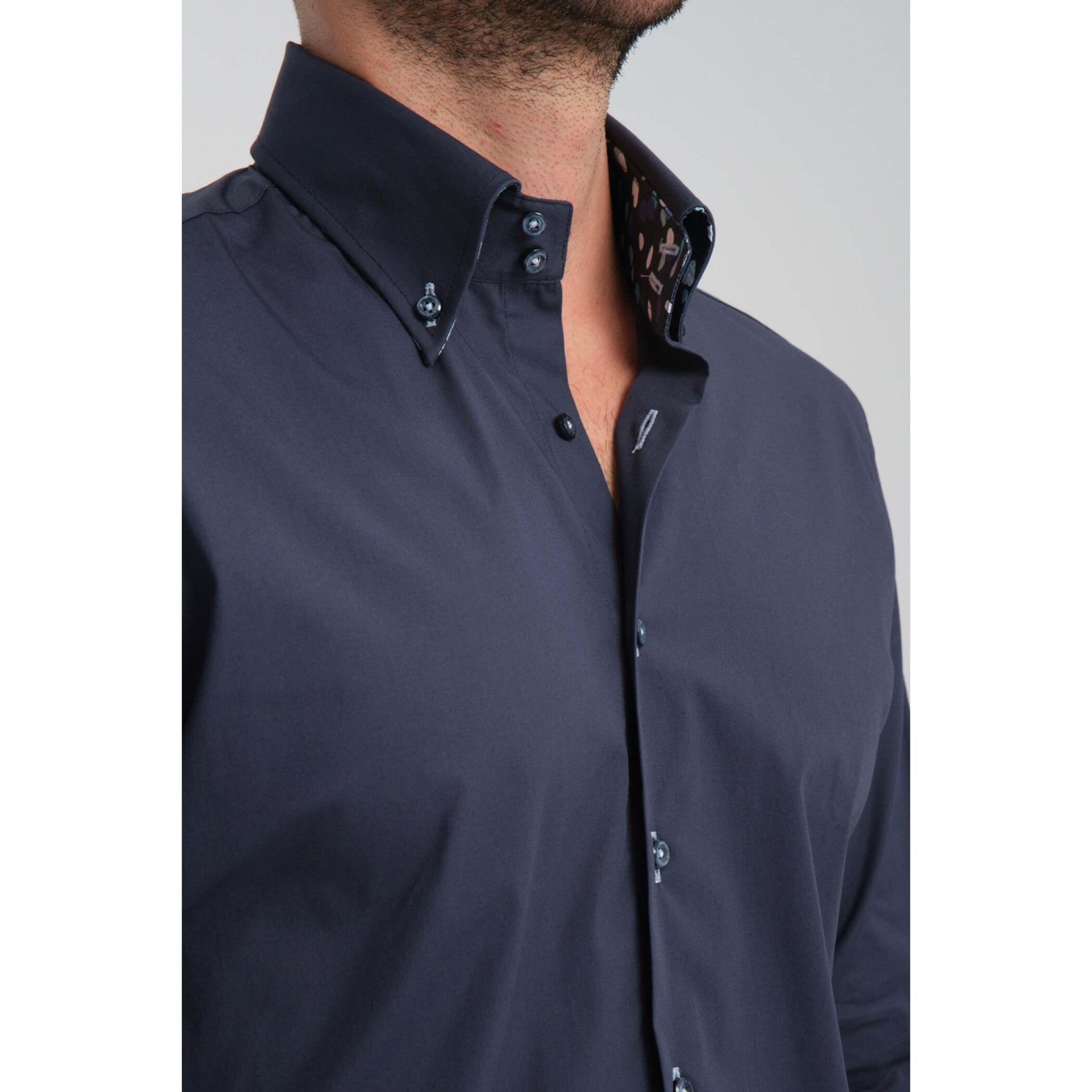 Camicia Uomo 2 Bottoni Button Down Slim Popeline Stretch Unito Blu