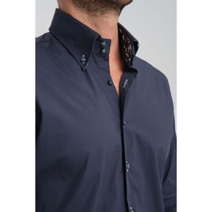 Camicia Uomo 2 Bottoni Button Down Slim Popeline Stretch Unito Blu