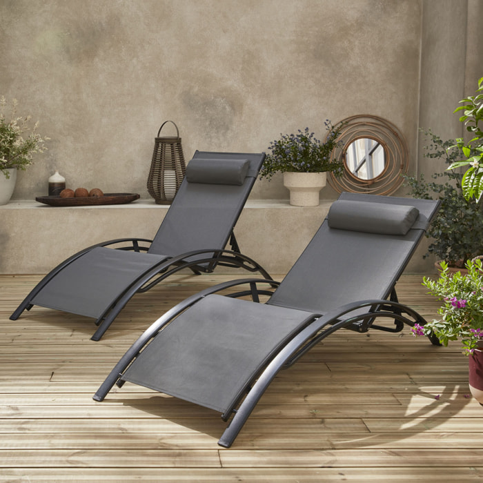 Duo de bains de soleil aluminium - Louisa Anthracite - Transats aluminium et textilène