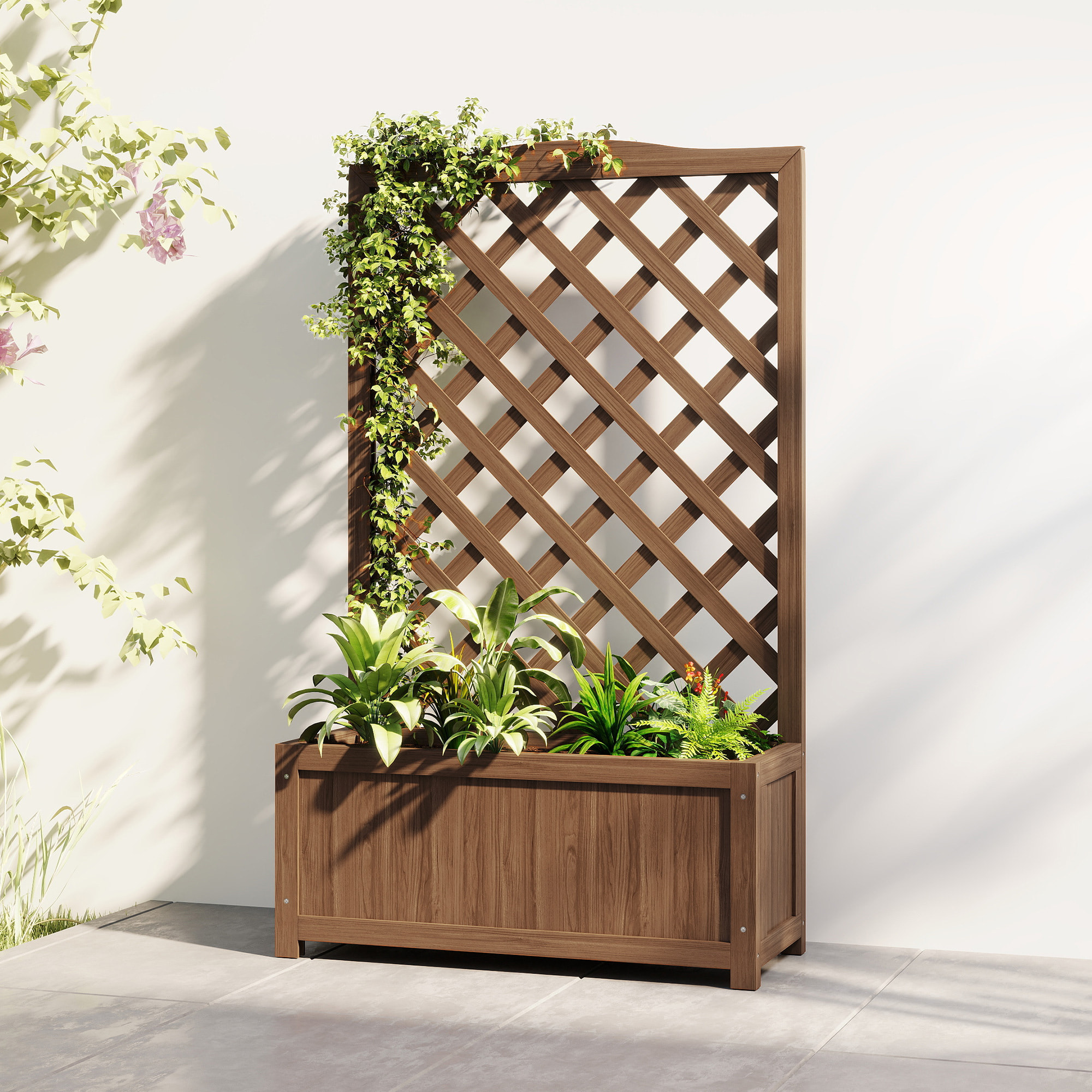 Jardinière avec treillis - bac à fleurs - jardinière sur pied - dim. 70L x 28l x 117H cm - fond à lattes - bois verni