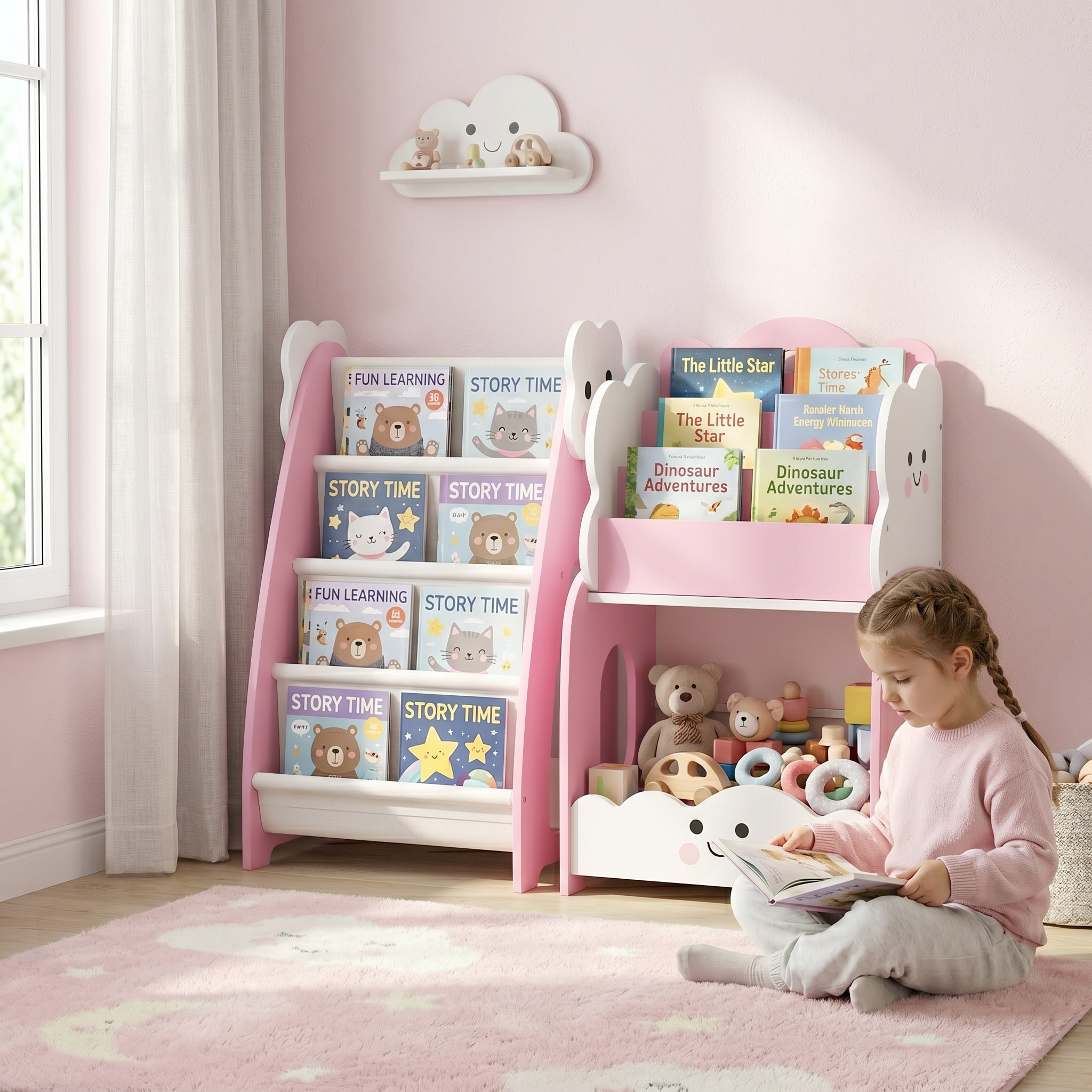 Estantería Infantil para Juguetes 3 en 1, Organizador de Juguetes con Librería, Revistero y Mesita de Noche, para Niños 3-8 Años, para Dormitorio, Sala de Juegos, 85,5x32x72 cm, Rosa