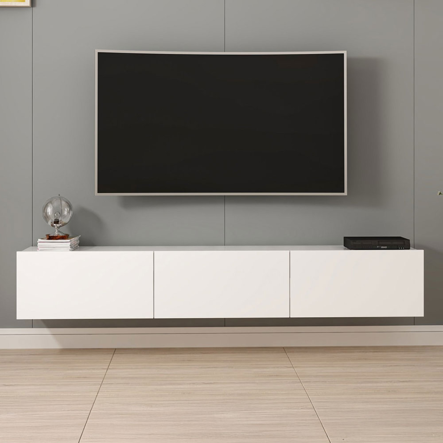 ROANOKE Meuble TV suspendu avec placards blanc 180cm