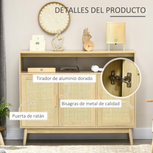 Aparador de Cocina de Estilo Boho Mueble Buffet Auxiliar con 3 Puertas de Ratán Estantes Ajustables y Patas de Madera para Salón Comedor 120x40x97 cm Natural