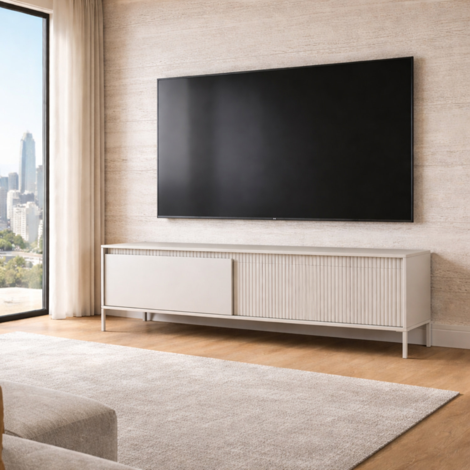 Mobile TV Moderno Con 2 Ante Push To Open Design Scanalato Elegante Minimal Base In Metallo Per Soggiorno Salotto 187.1 x 53.4 x 39.5 Cm Cashmere