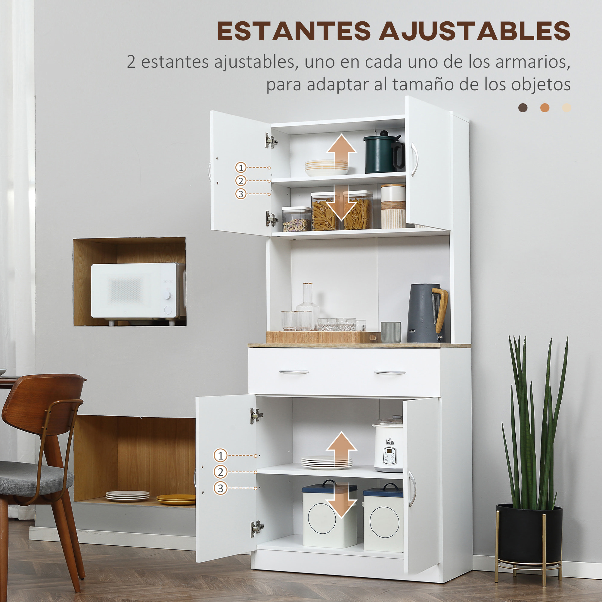 Armario Alacena de Cocina con Cajón 4 Puertas y Estantes Interiores Ajustables Mueble Auxiliar de Almacenaje Moderno para Comedor Salón 80x40x180 cm Blanco