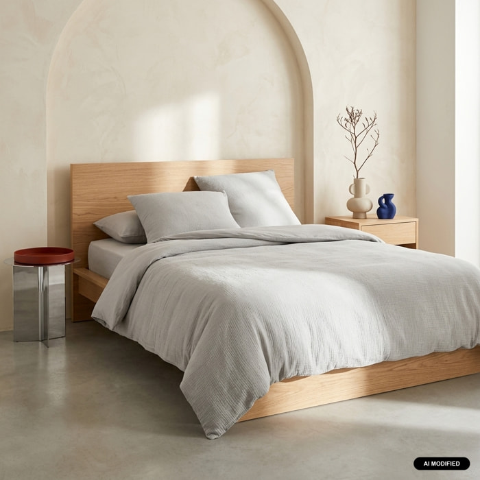 Parure de lit gaze de coton 2 places gris clair ALIX