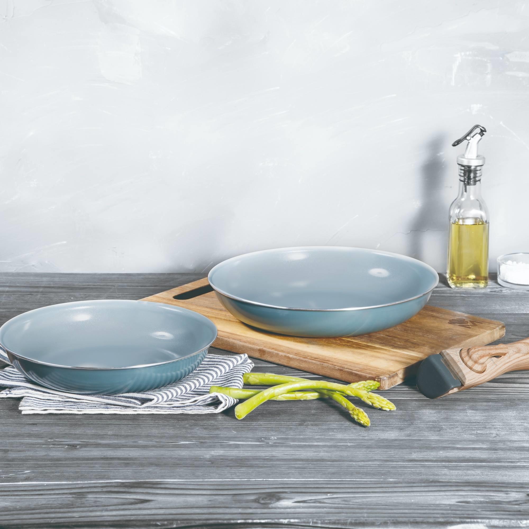 juego de 2 sartenes ø22cm y ø26cm + mango extraíble efecto madera en aluminio prensado