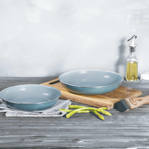 juego de 2 sartenes ø22cm y ø26cm + mango extraíble efecto madera en aluminio prensado