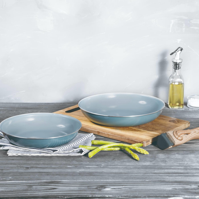 juego de 2 sartenes ø22cm y ø26cm + mango extraíble efecto madera en aluminio prensado