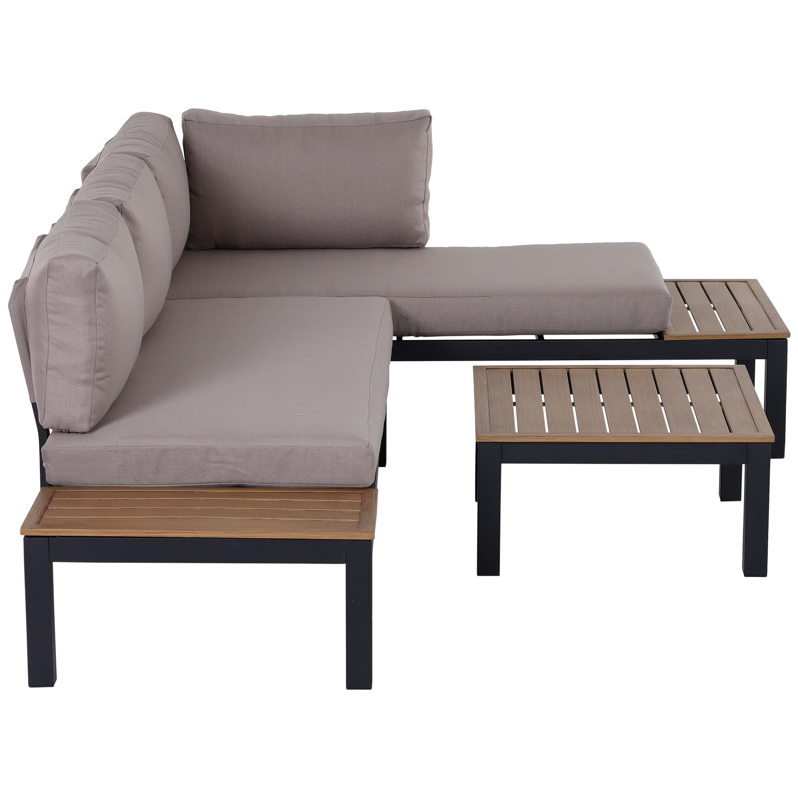 Ensemble salon de jardin d'angle design contemporain 5 places coussins marron table basse alu. noir et imitation bois