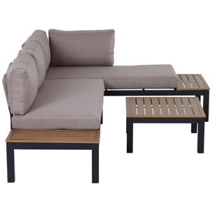 Ensemble salon de jardin d'angle design contemporain 5 places coussins marron table basse alu. noir et imitation bois