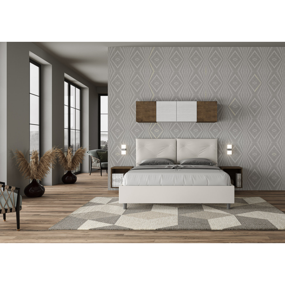 Cama con almacenaje acolchada 160x200 cuero sintético blanco Appia