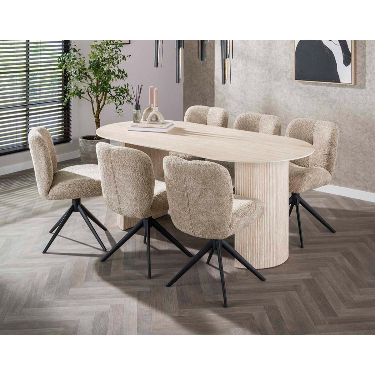 Maeva - table à manger - bois effet travertin - 6 personnes - Beige