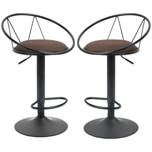 Lot de 2 tabourets de bar design néo-rétro réglable pivotant avec repose-pied métal noir lin marron