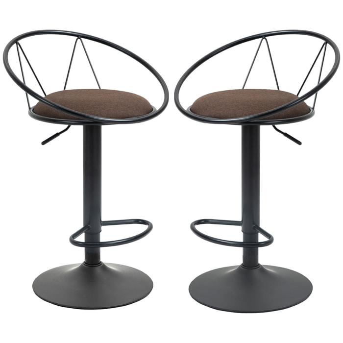 Lot de 2 tabourets de bar design néo-rétro réglable pivotant avec repose-pied métal noir lin marron