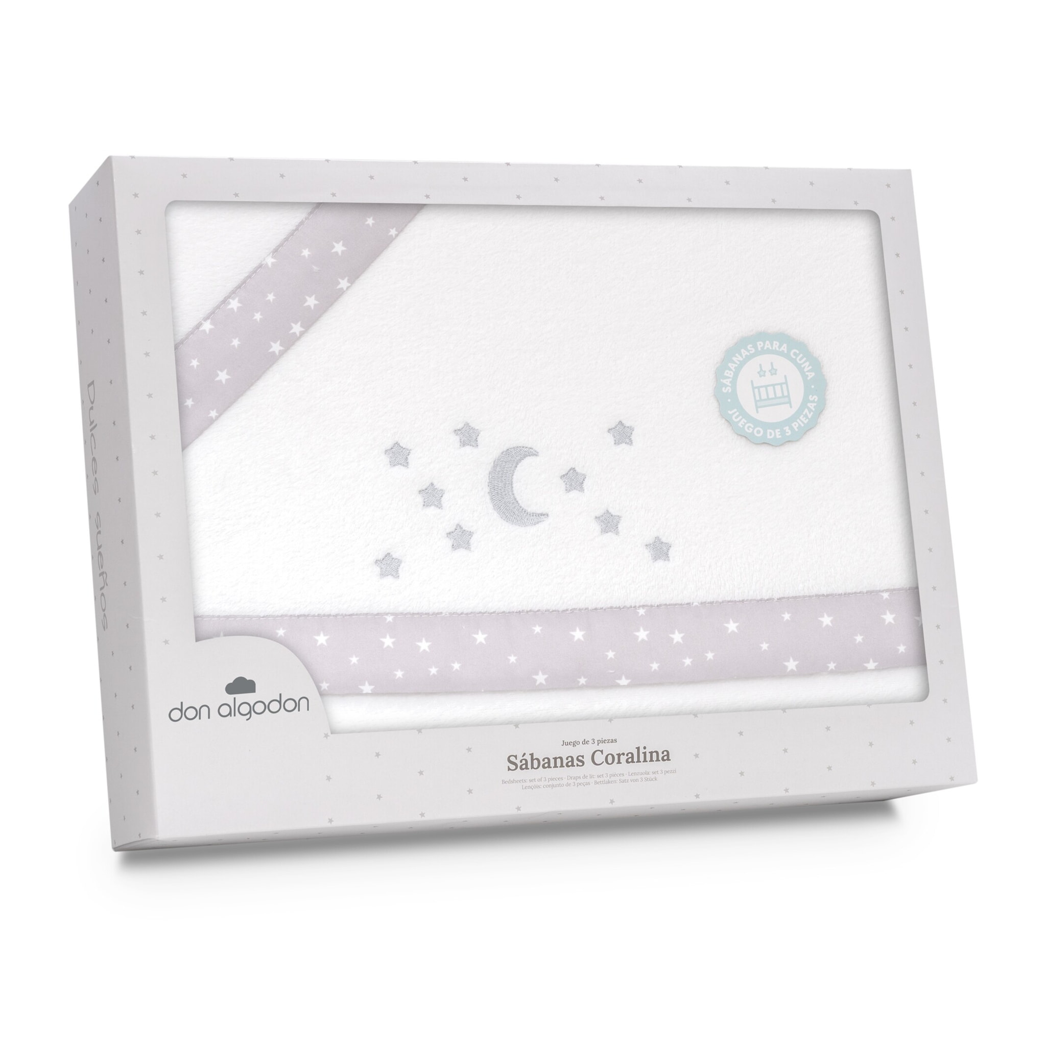 Triptico Minicuna Coralina D. Algodon Luna Estrellas Bco/Gris