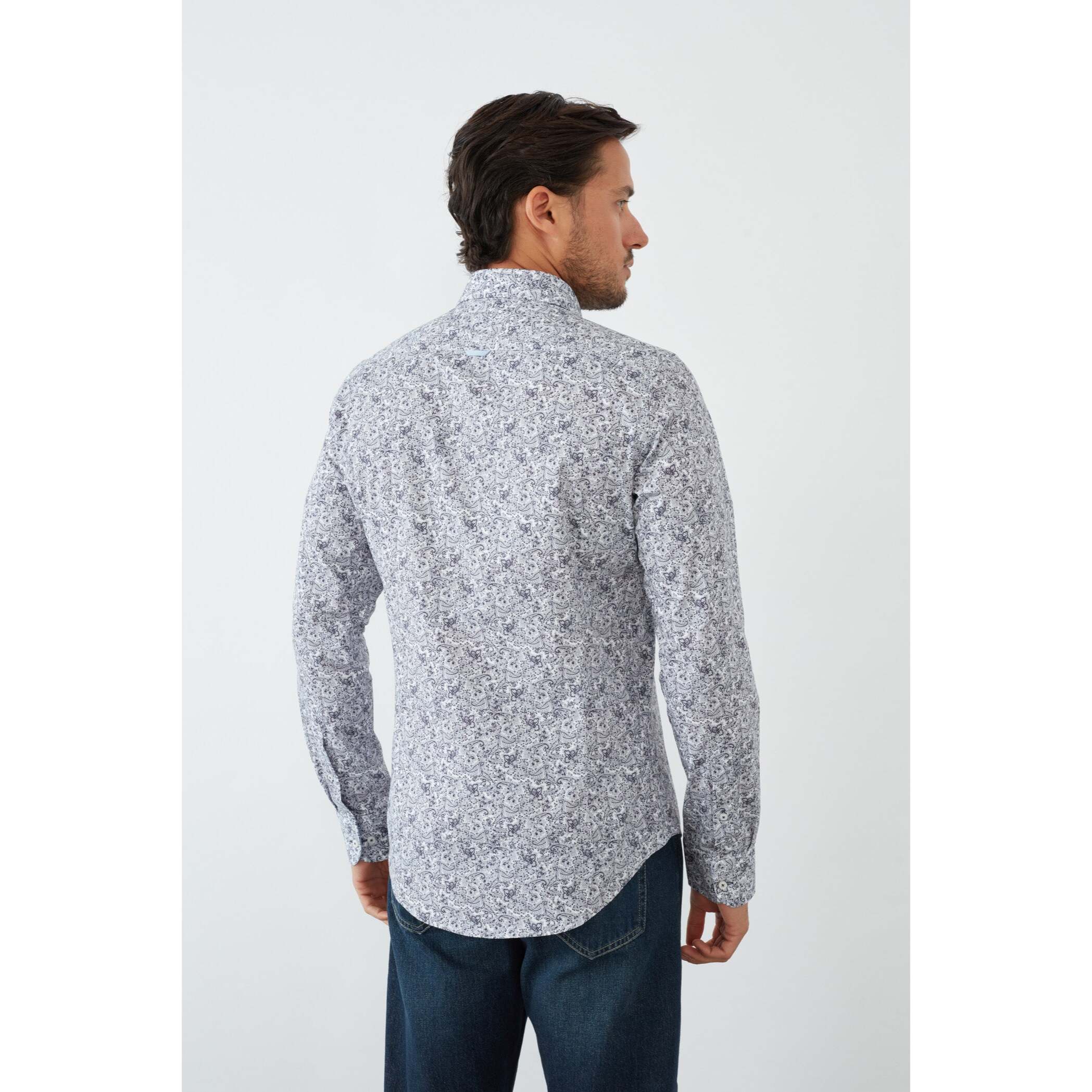 camicia uomo 1 bottone button down slim Popeline Stampato Bianco e Blu