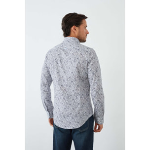 camicia uomo 1 bottone button down slim Popeline Stampato Bianco e Blu