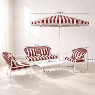 Ensemble salon de jardin en acier + parasol blanc et coquelicot positano