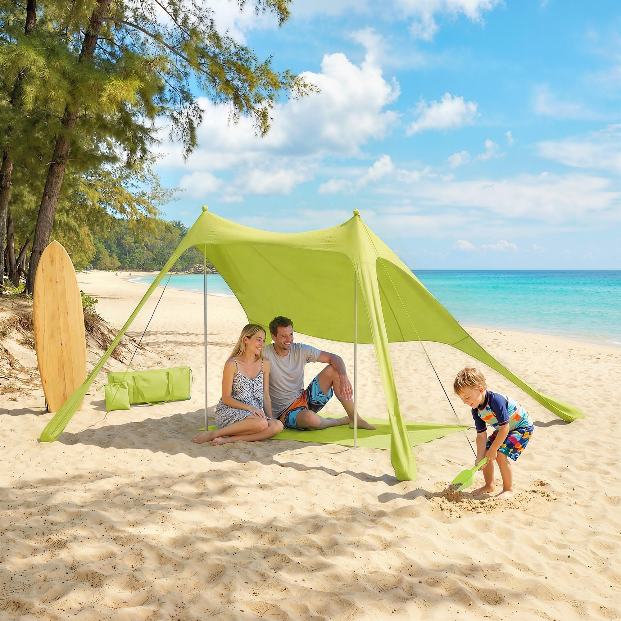 Carpa Playa Plegable 208x200 cm, Toldo Playa Portátil para 2-4 Personas con Esterilla, UPF50+, Postes de Aluminio, Pala, Estacas y Bolsa de Transporte Impermeable, para Camping, Pesca, Verde