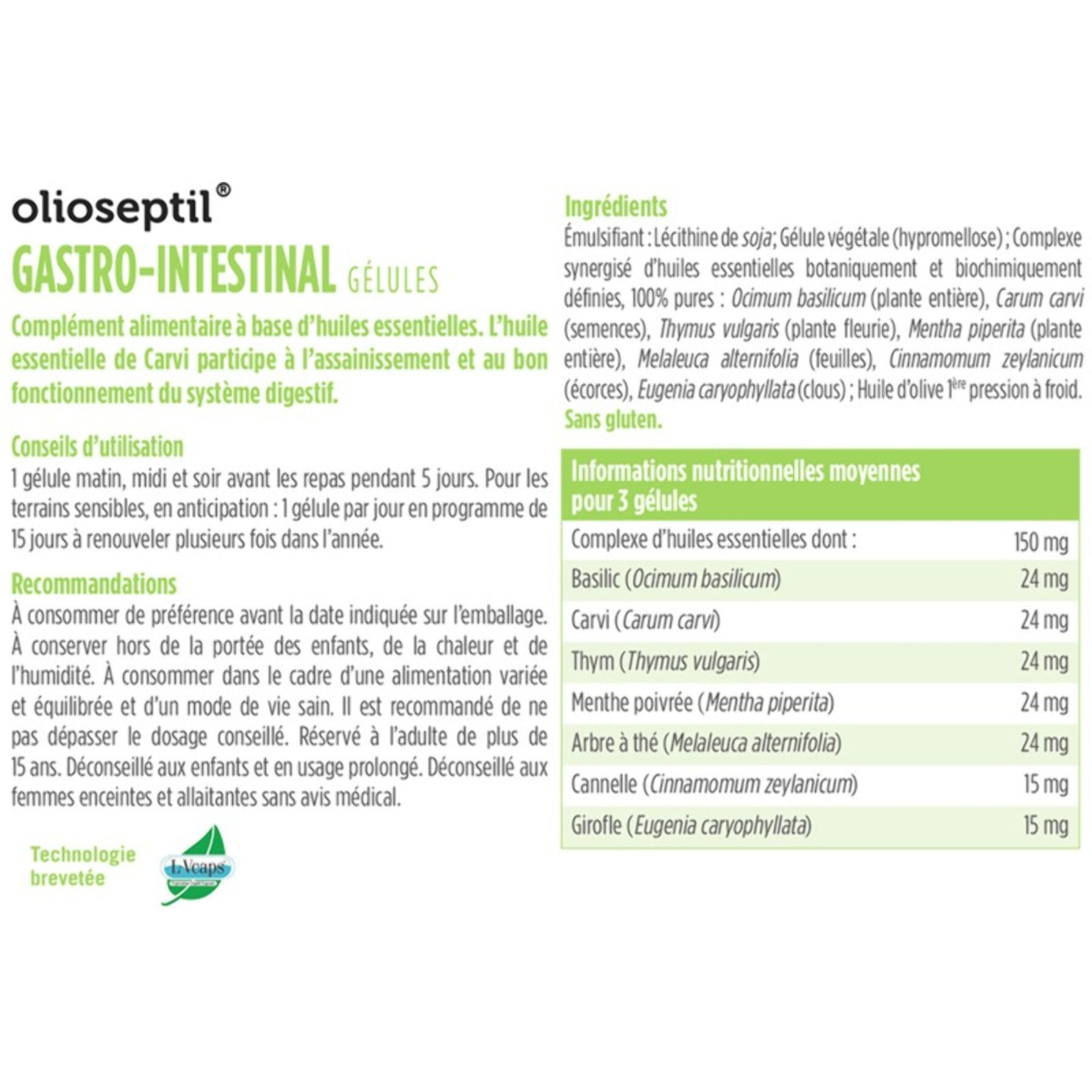 OLIOSEPTIL - Gastro-Intestinal - Participe au Bon Fonctionnement du Système Digestif - Complexe de 7 Huiles Essentielles Pures et Chémotypées en Gélules Végétales L-Vcaps - 15 Gélules