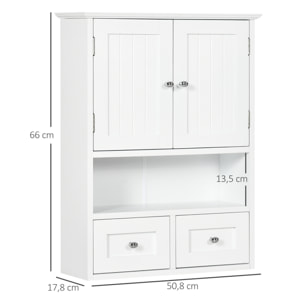 Armario de Pared para Baño Armario Colgante Mueble Suspendido de Baño con 2 Puertas y 2 Cajones para Cocina Estilo Moderno 50,8x17,8x66 cm Blanco