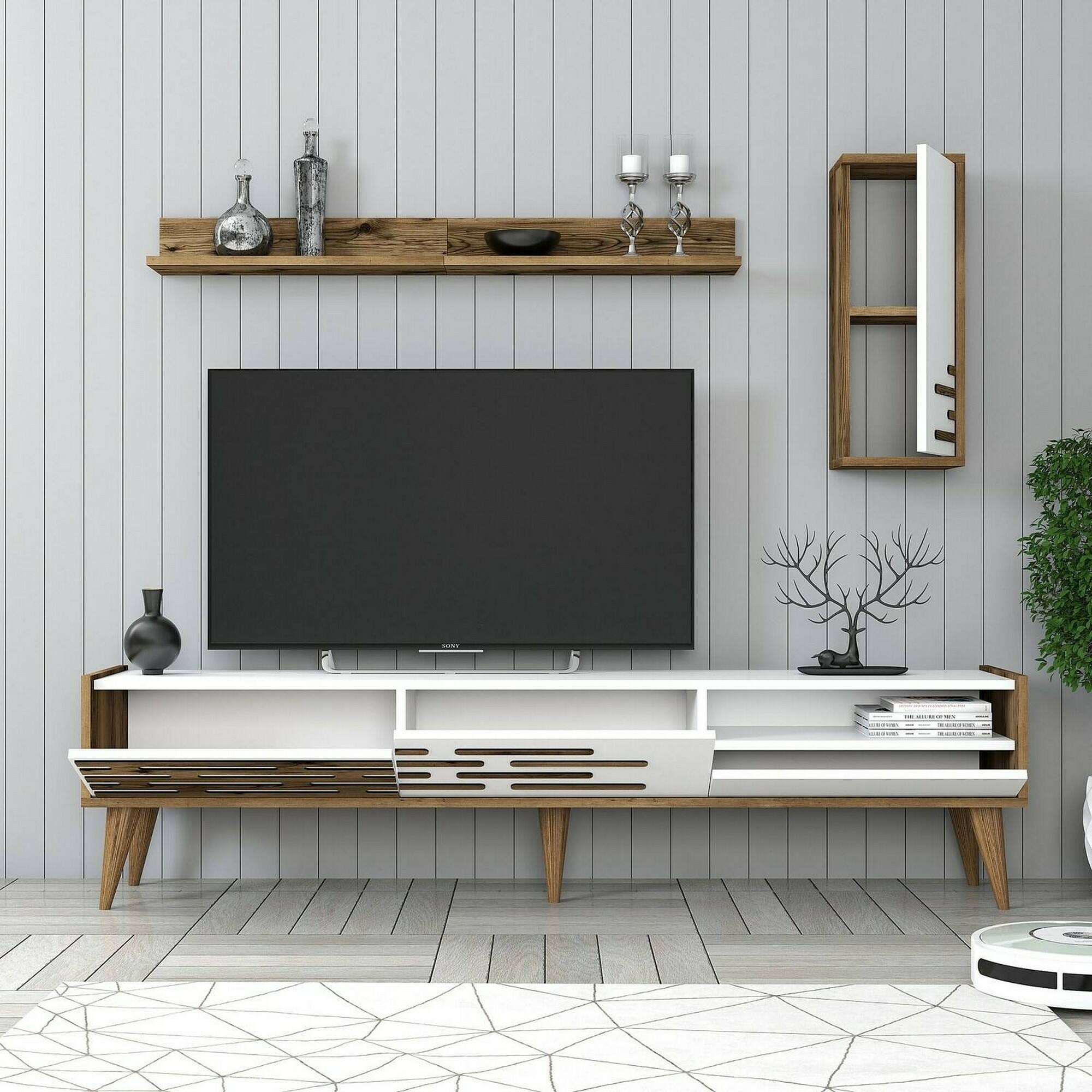 Mobile porta TV Dbrunozz, Credenza da soggiorno, Armadio basso per TV, Base parete attrezzata, 180x45h35 cm, Bianco e Noce