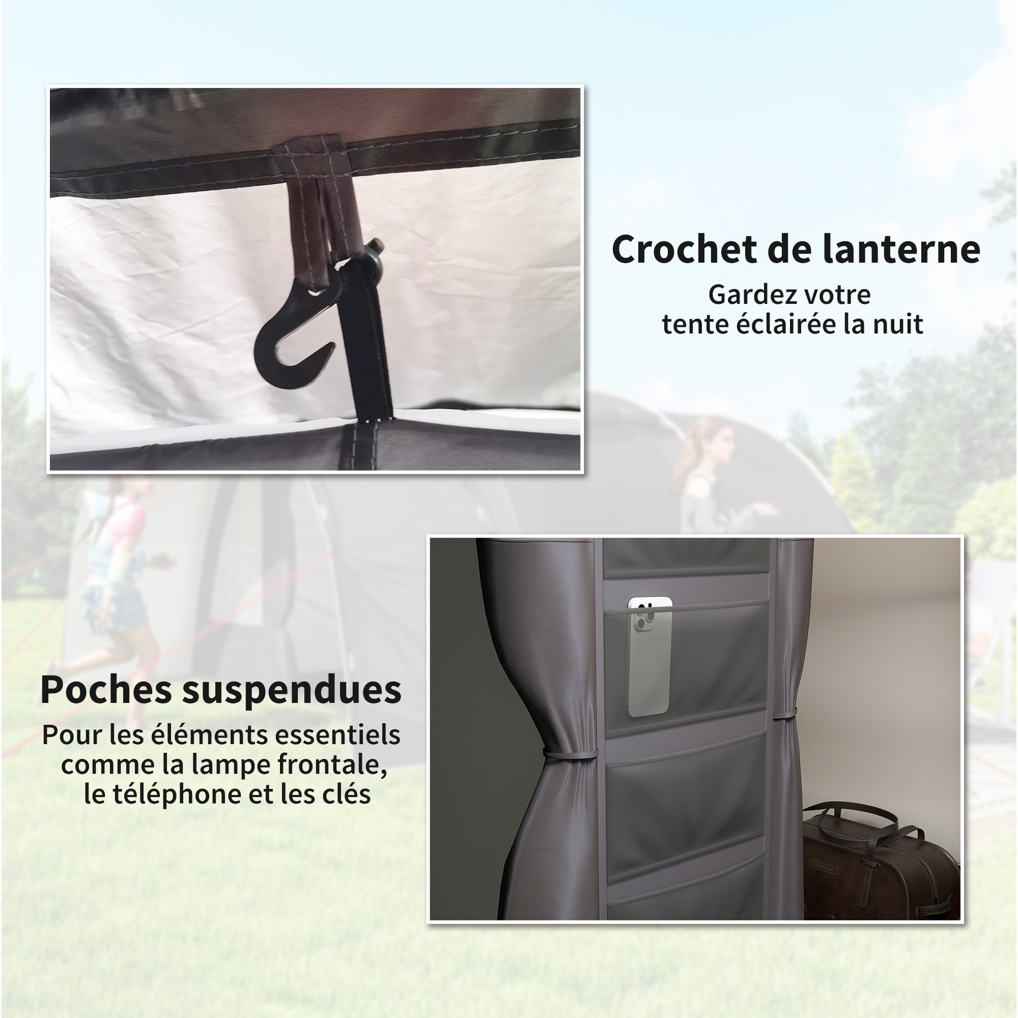 Tente camping 6 places - tente tunnel familiale - imperméabilité 5000mm - dim. 4,6 x 3,2 x 1,9 m - sac inclus - gris