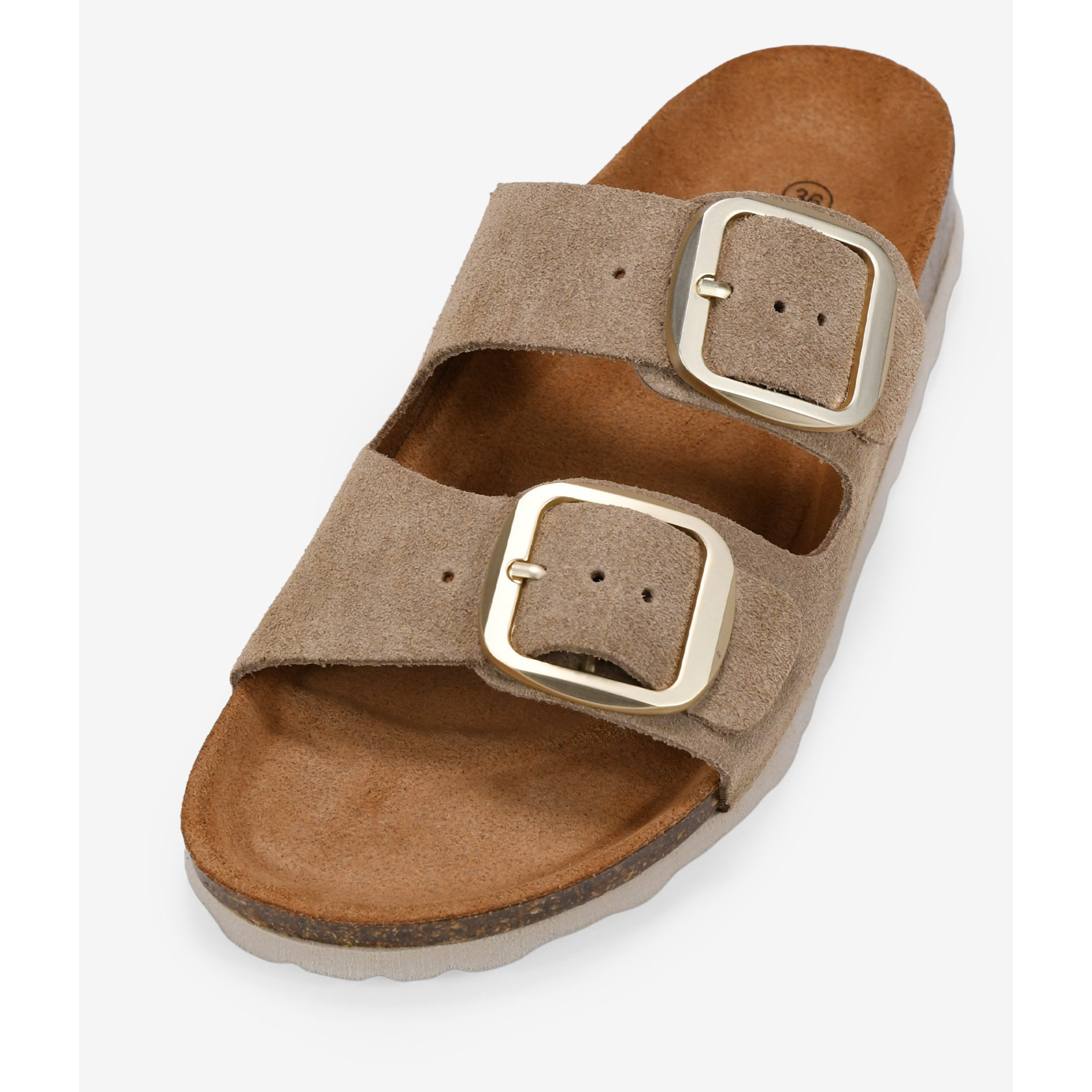 Sandalias planas arena en piel con doble hebilla