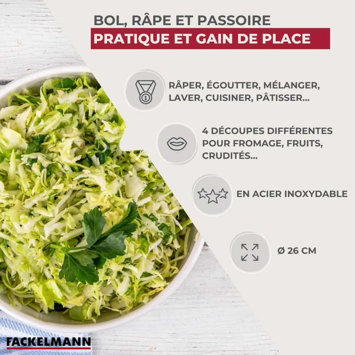 Set 3 en 1 Bol à Mixer, Râpe et Passoire 26 cm Fackelmann