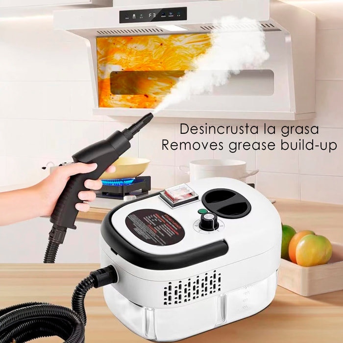Limpiador de vapor de 2500W con vapor a 105°C y 3 bares de presión. Depósito de 900 ml con 6 niveles de vapor. Incluye 7 cabezales.