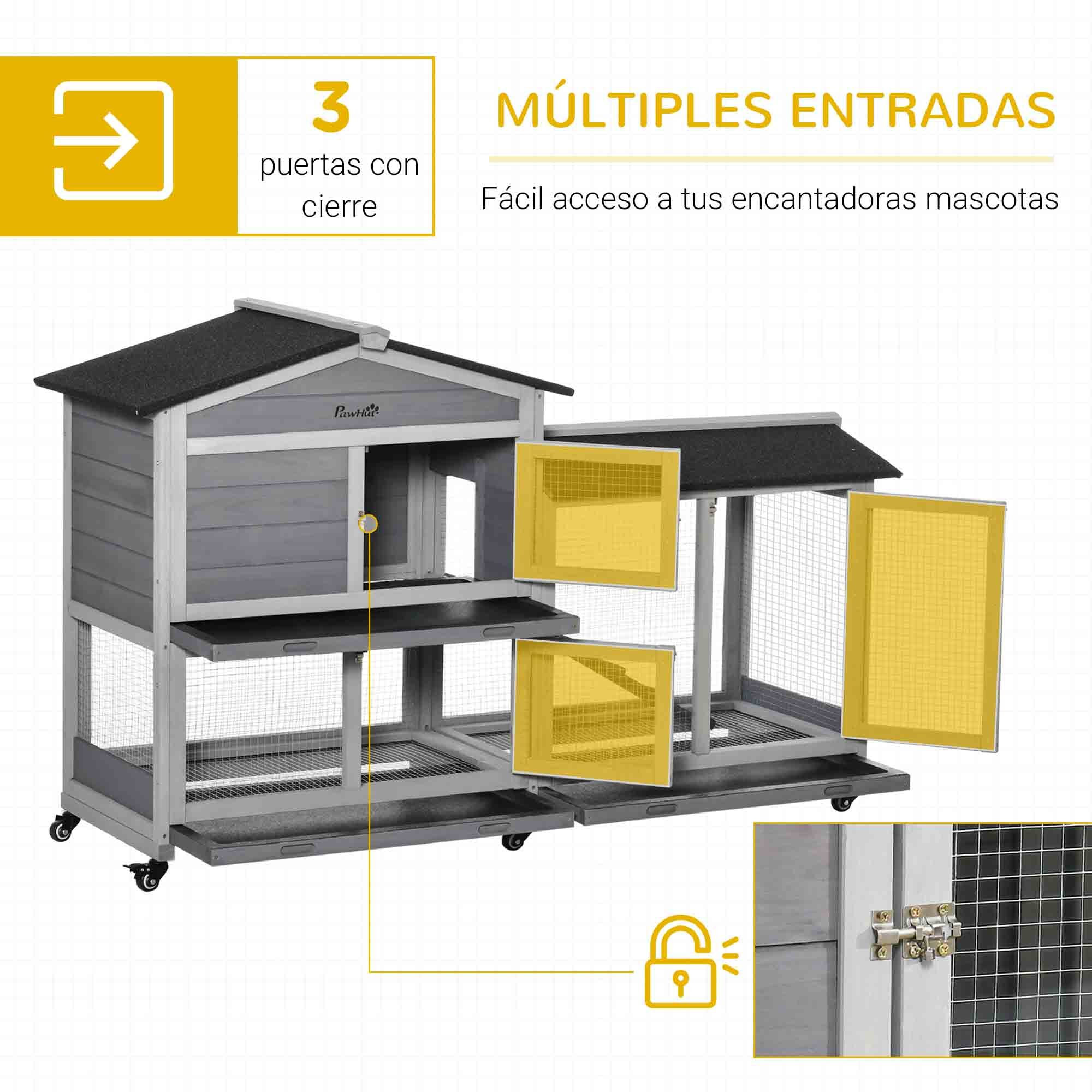 Conejera de Madera 157,4x53x99,5 cm Jaula para Conejos Grande con Ruedas Techo Asfáltico Bandeja Extraíble y Rampa para Exterior Gris