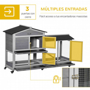 Conejera de Madera 157,4x53x99,5 cm Jaula para Conejos Grande con Ruedas Techo Asfáltico Bandeja Extraíble y Rampa para Exterior Gris