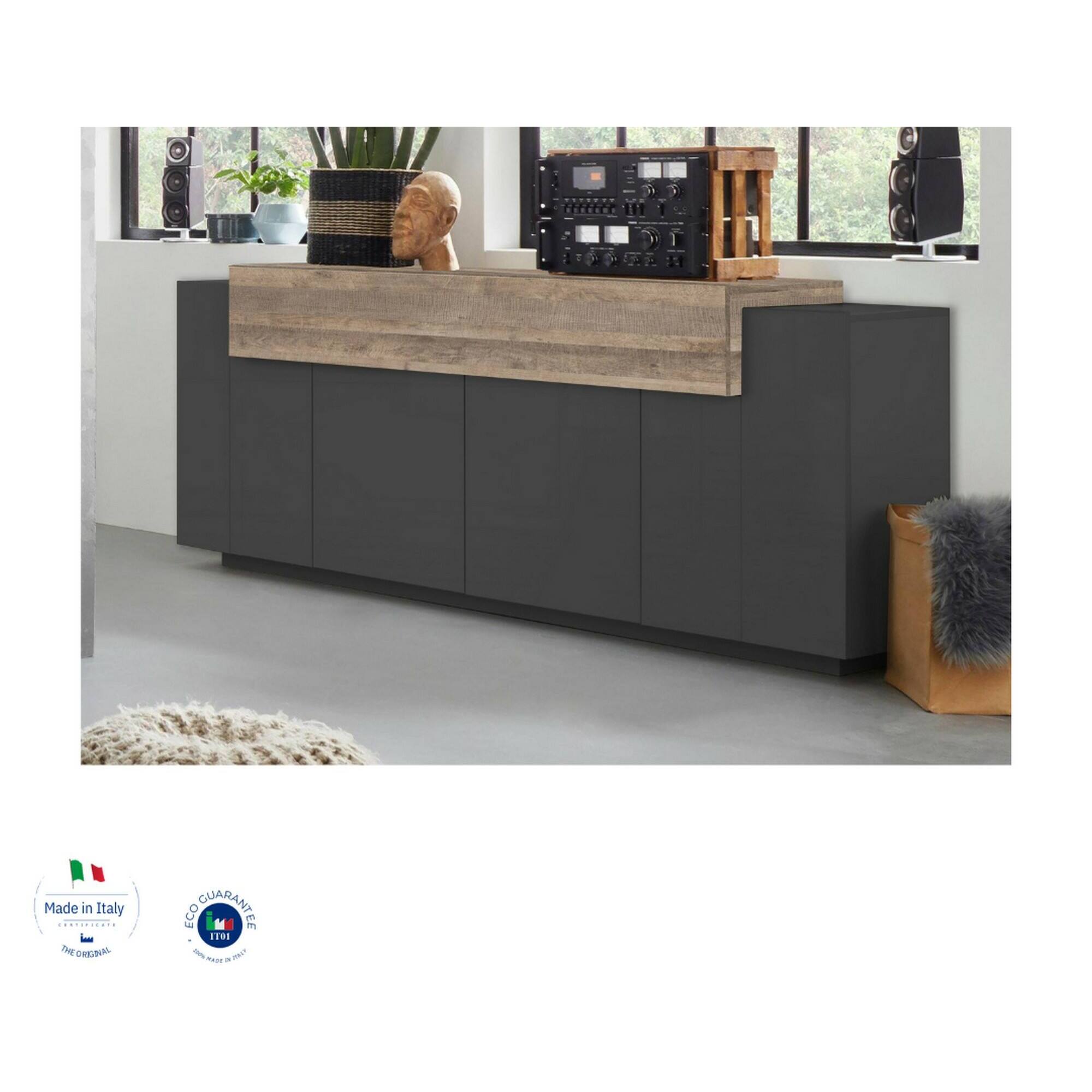 Credenza Loris, Madia da cucina a 4 ante, Buffet da soggiorno, 100% Made in Italy, cm 220x45h86, Antracite e Acero