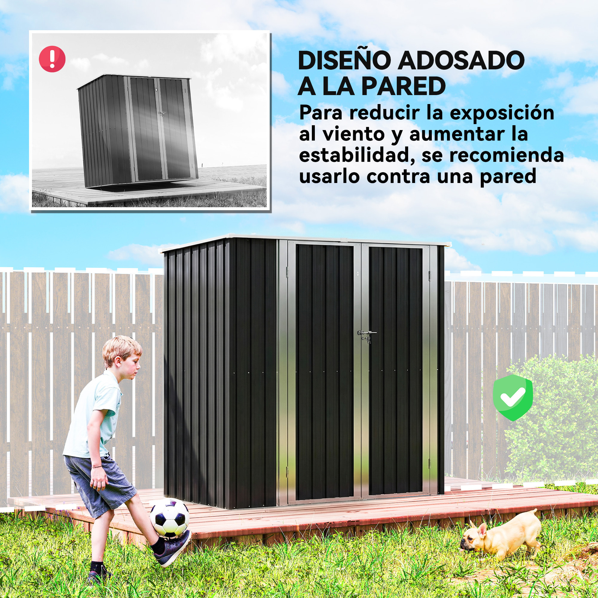 Caseta de Jardín Exterior 1,37 m², 163x89x163 cm, Cobertizo de Jardín Exterior Metálico con Techo Inclinado, Puertas con Pestillo y Guantes para Almacenamiento de Herramientas, Gris Oscuro