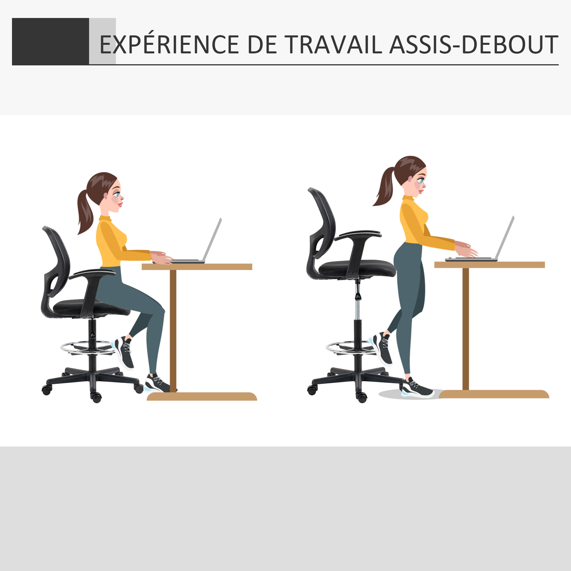 Chaise bureau ergonomique assise haute réglable 110-132cm pivotant 360° maille respirante noir