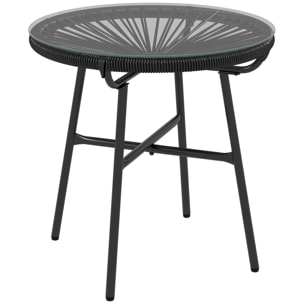 Table basse ronde de jardin en résine aspect rotin métal et plateau verre trempé Ø 50 x 50H cm noir