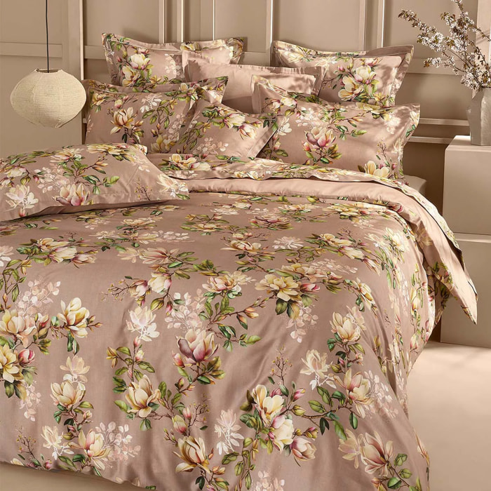 Taie d'oreiller satin de coton imprimé rose Magnolias rose fume