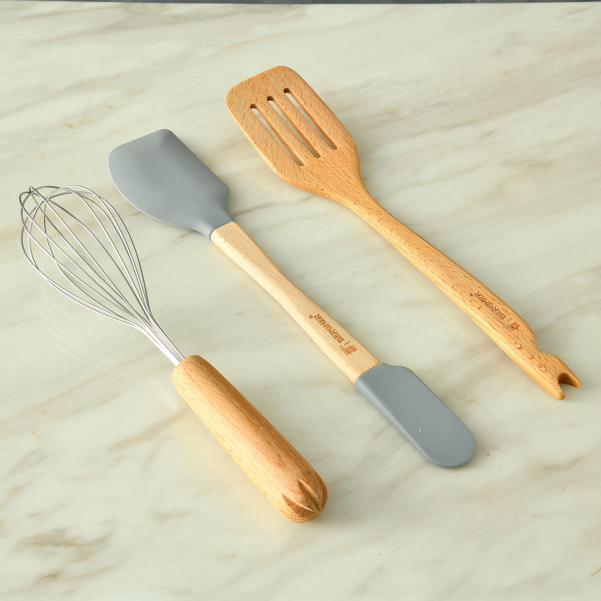 Juego de 3 Utensilios 2 en 1 de cocina Multifunción GENIUS en madera y silicona Bergner.