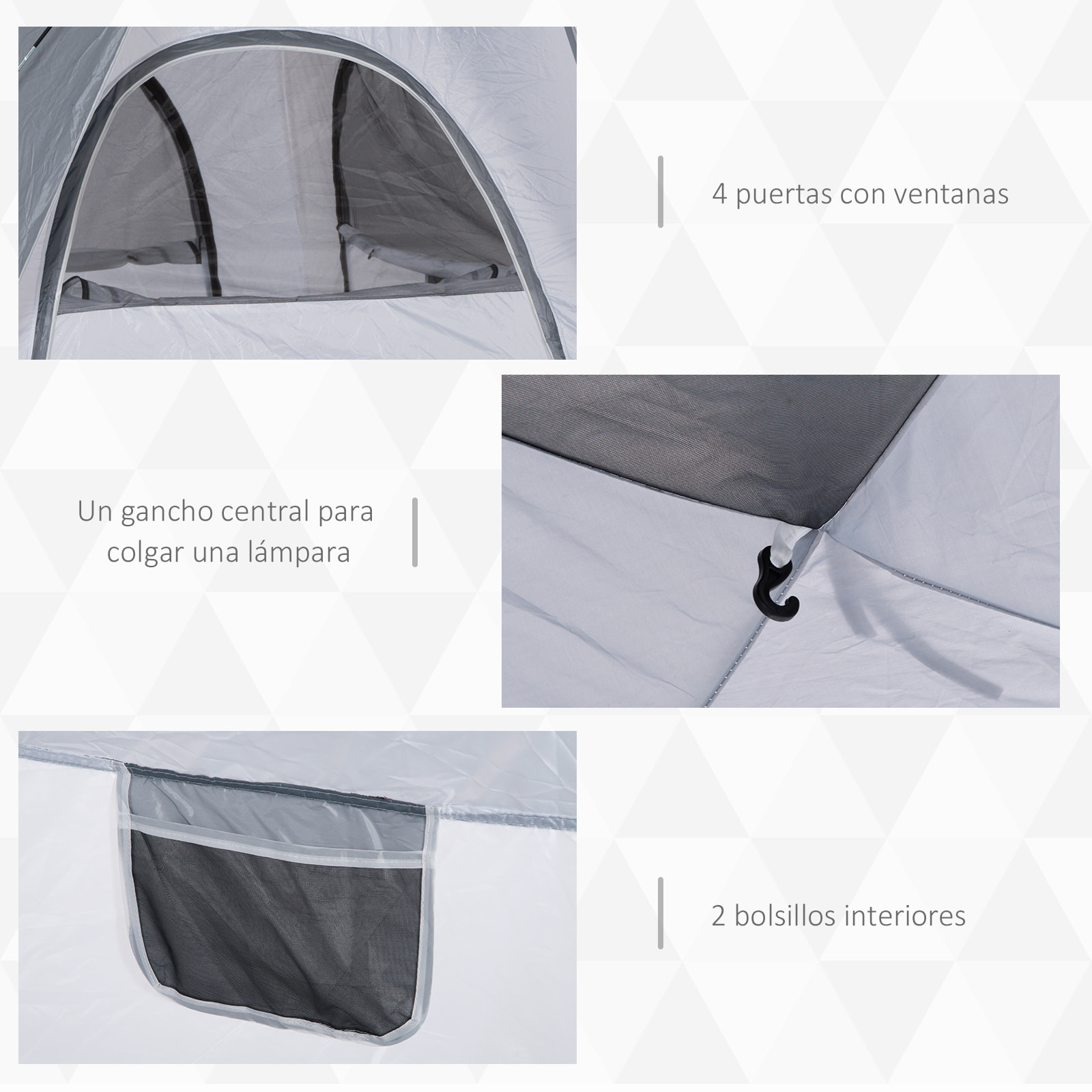 Tienda de Campaña Instantánea para 4 Personas Tienda de Camping con 4 Ventanas 2 Bolsillos y Bolsa de Transporte 240x240x199 cm Gris y Blanco