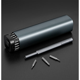 Destornillador de precisión 46 en 1 con cuerpo metálico, rosca giratoria, puntas magnéticas y carcasa de aleación de aluminio con apertura por presión.