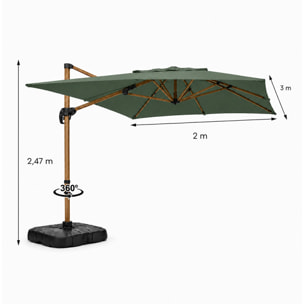 Parasol rectangulaire 2x3m déporté rotatif vert structure effet bois OTA