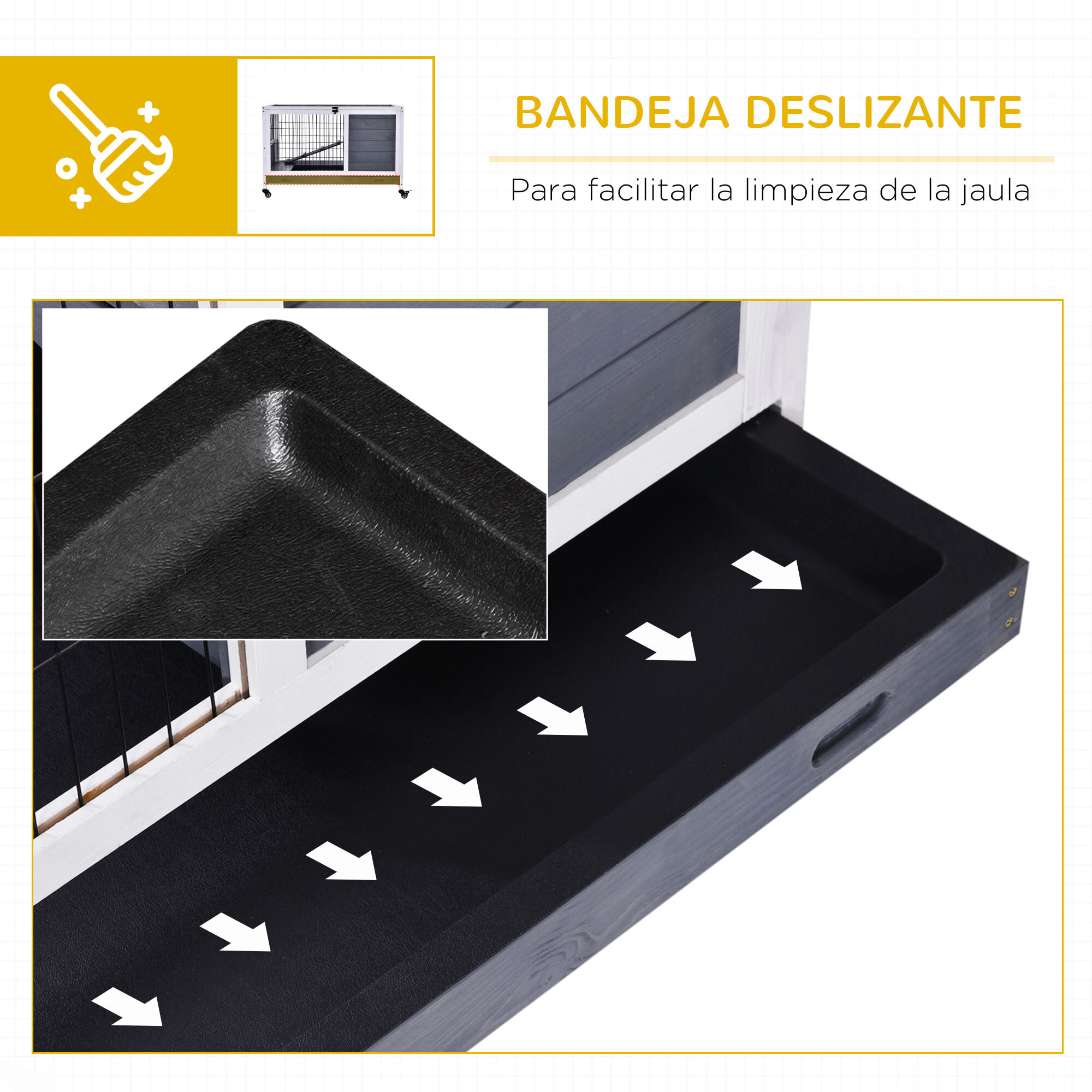 Jaula para Conejos de Madera 90x53x59 cm Conejera para Mascotas Pequeñas Portátil Interior con Techo Abrible Rampa Bandeja Extraíble para Conejillos de Indias Gris y Blanco