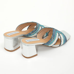 Sandali in simil pelle con tacco comodo quadrato ed applicazione strass