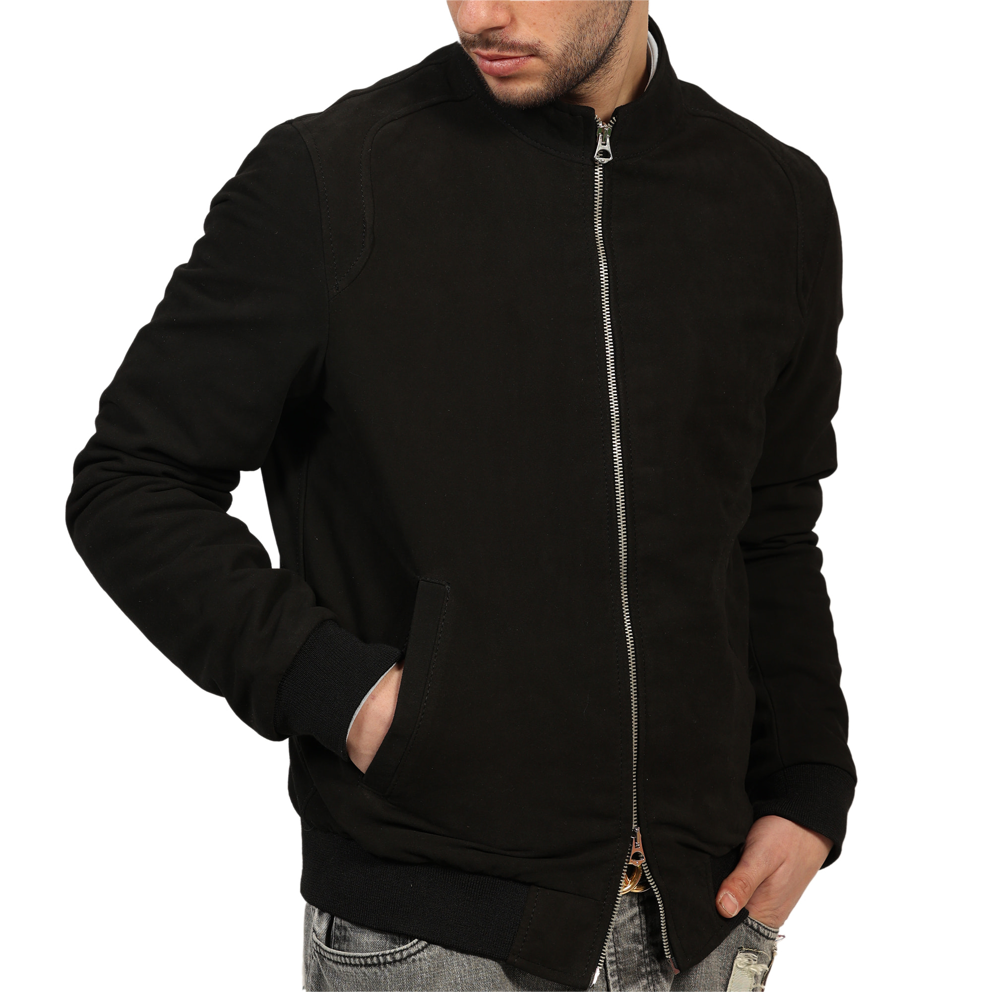 Giubbino in vera pelle di vitello scamosciata Nero-Slim Fit