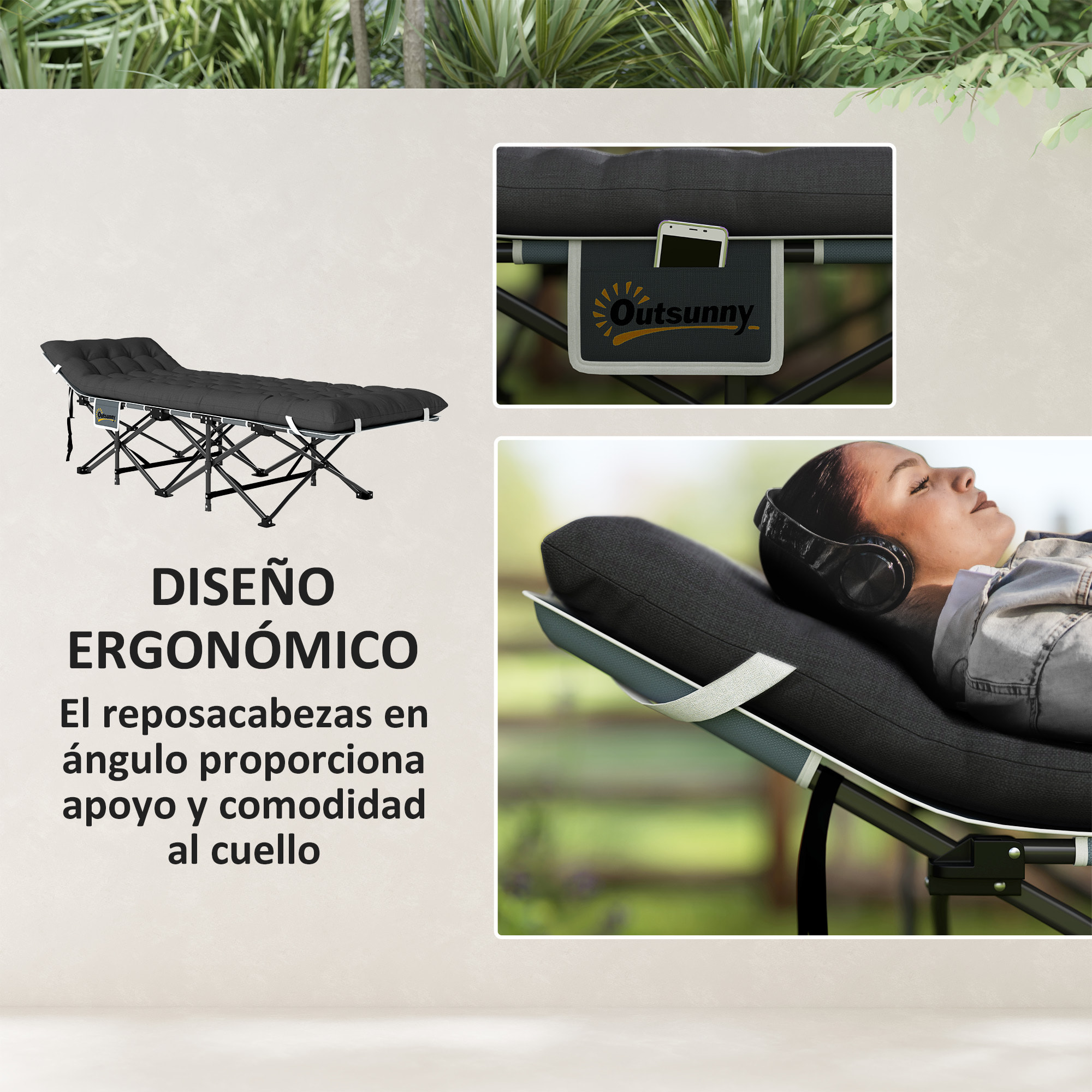 Cama Plegable Camping Cama de Acampada Portátil Tumbona de Camping con Reposacabezas Colchón Extraíble y Bolsa de Transporte Carga 150 kg para Playa Senderismo 196x68x37 cm Negro