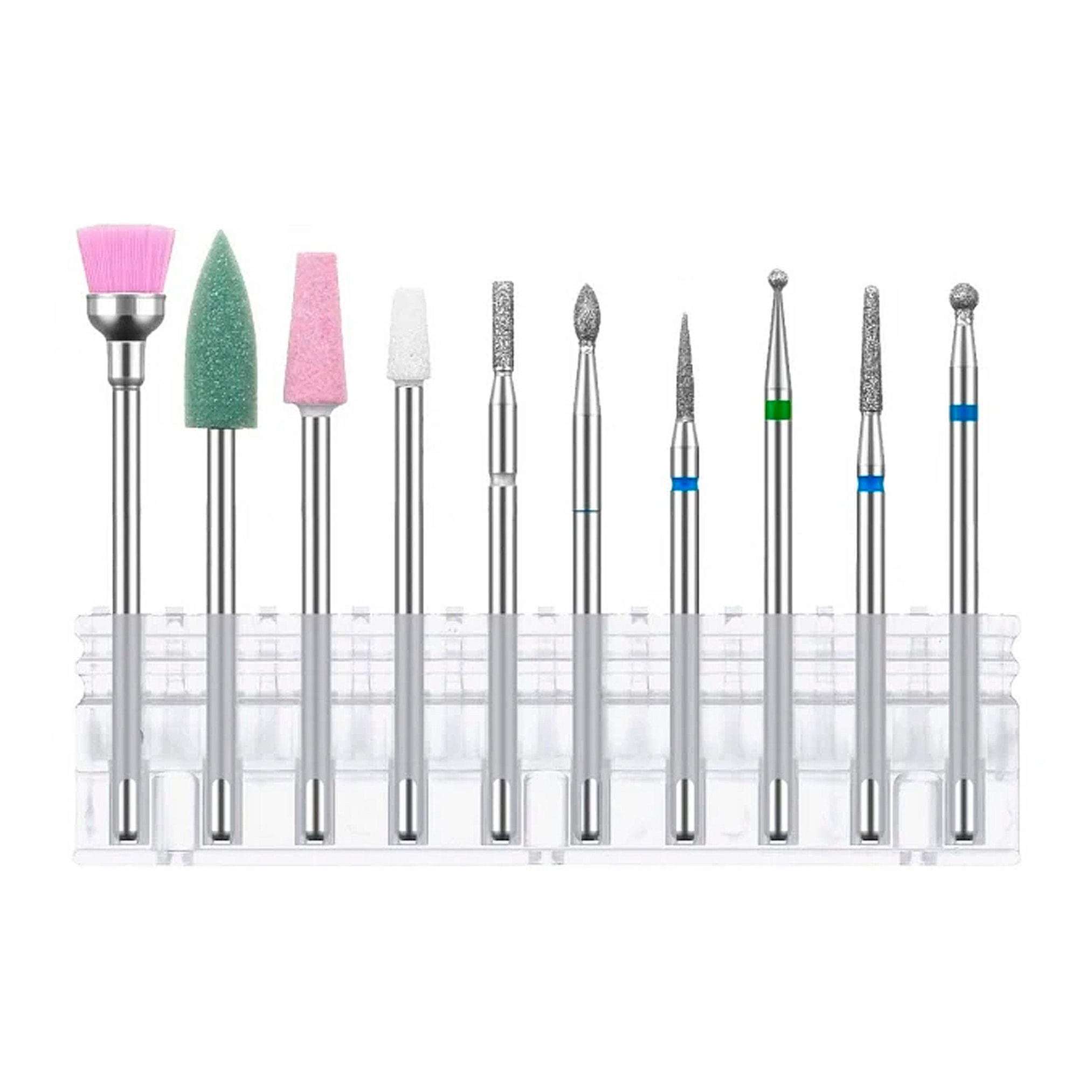 Kit di frese per unghie, per smerigliatrici elettriche. Include 10 tipi.