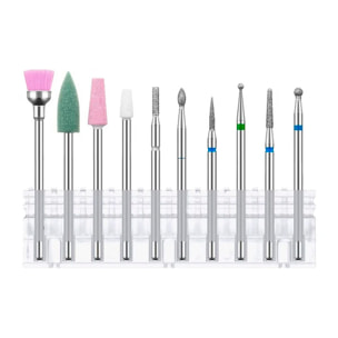 Kit di frese per unghie, per smerigliatrici elettriche. Include 10 tipi.