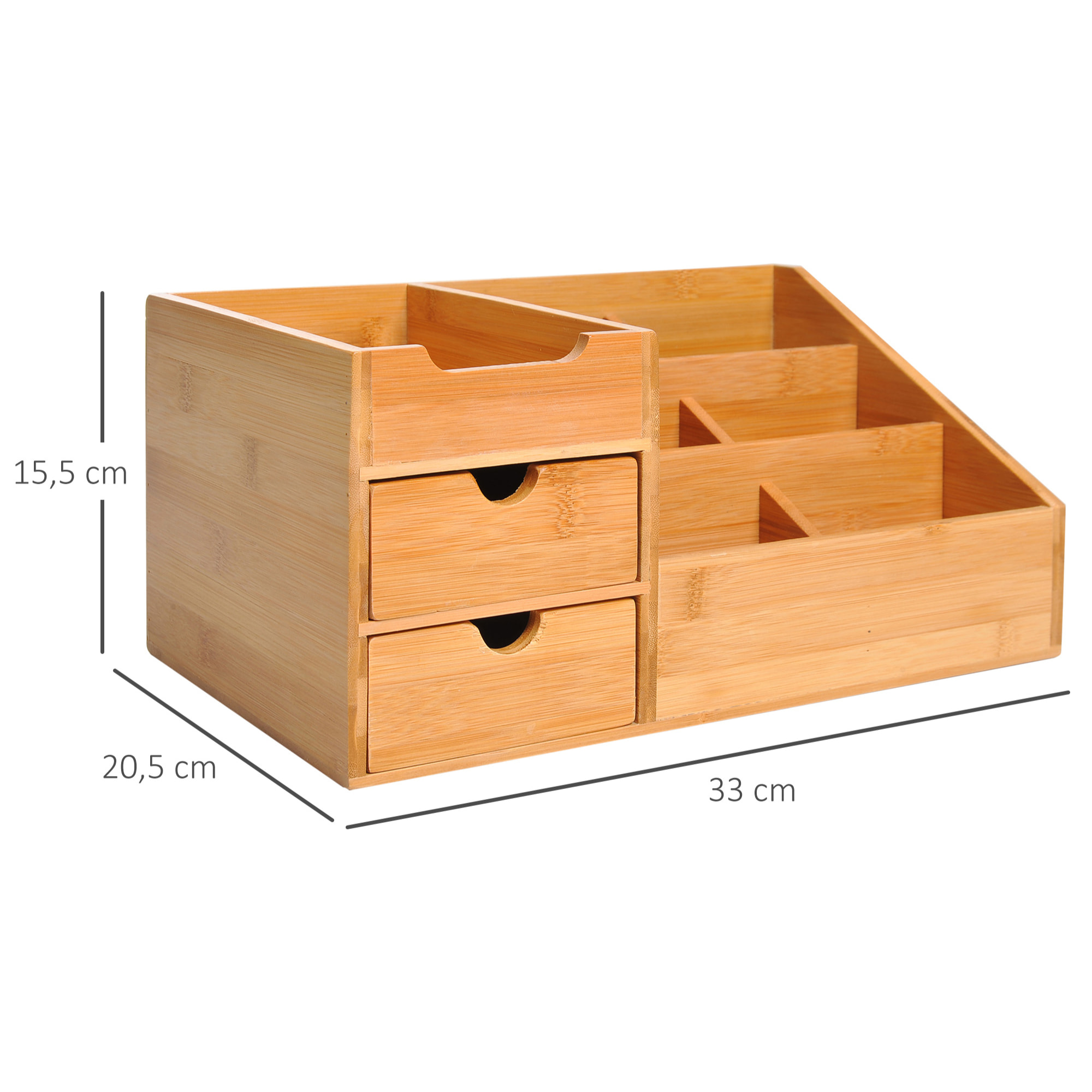 Boite de rangement de bureau - organiseur de bureau - 7 compartiments, 2 tiroirs - bambou verni